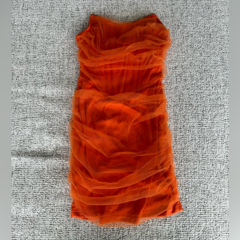 Pretty Little Thing Shape Orange Mesh Corset Detail Ruched Bodycon Dress